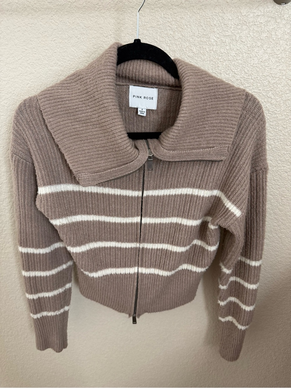 Pink Rose Taupe and White Striped Zip Cardigan